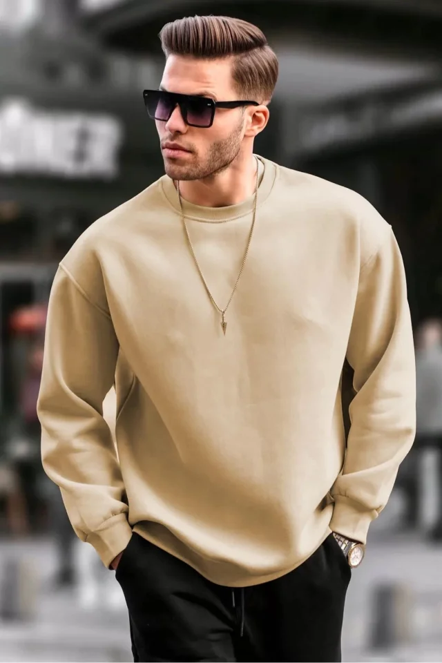 TY65d4a0c2d5ffc65d4a0c2d5ffe Erkek Düz Bisiklet Yaka Sweat - Bej - Görsel 1
