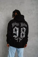 Erkek 98 Baskılı Kapşonlu Sweat - Siyah - Görsel 3