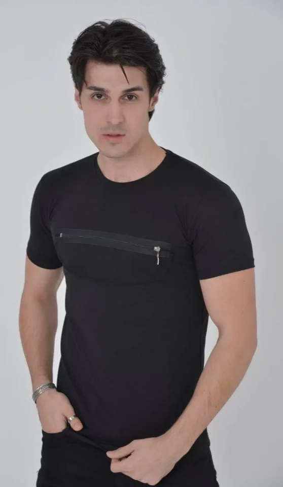 TY65d4a43431c0f65d4a43431c12 Erkek Göğüste Fermuar Aksesuarlı Dar Kalıp T-Shirt - Siyah - Görsel 1