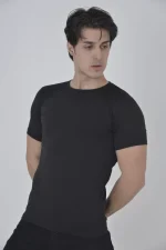 Erkek Omuz Fileli Slim Fit T-shirt - Siyah - Görsel 2