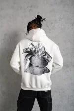 Erkek Kanguru Cep Baskılı Kapüşonlu Sweatshirt - Beyaz - Görsel 2