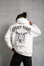 Erkek Kordon İpli Baskılı Kapüşonlu Sweatshirt - Beyaz - Görsel 2