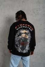 Erkek 3 İplik Gangster Baskılı Sweatshirt - Siyah - Görsel 3