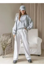 Düz Bisiklet Yaka Sweat - Gri - Görsel 3