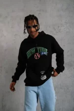 Erkek Baskılı Kapüşonlu Sweatshirt - Siyah - Görsel 3