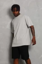 Unisex Oversize Düz Bisiklet Yaka T-Shirt - Gri - Görsel 3