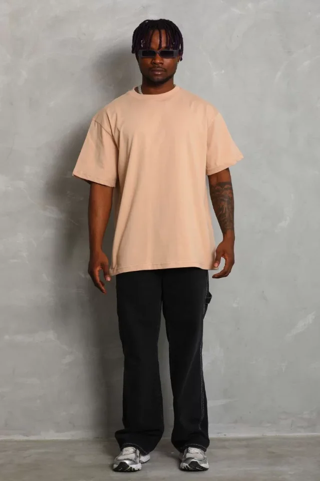 TY65d4bf747565965d4bf747565b Unisex Oversize Düz Bisiklet Yaka T-Shirt - Bej - Görsel 1