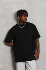 Unisex Oversize Düz Bisiklet Yaka T-Shirt - Siyah - Görsel 3