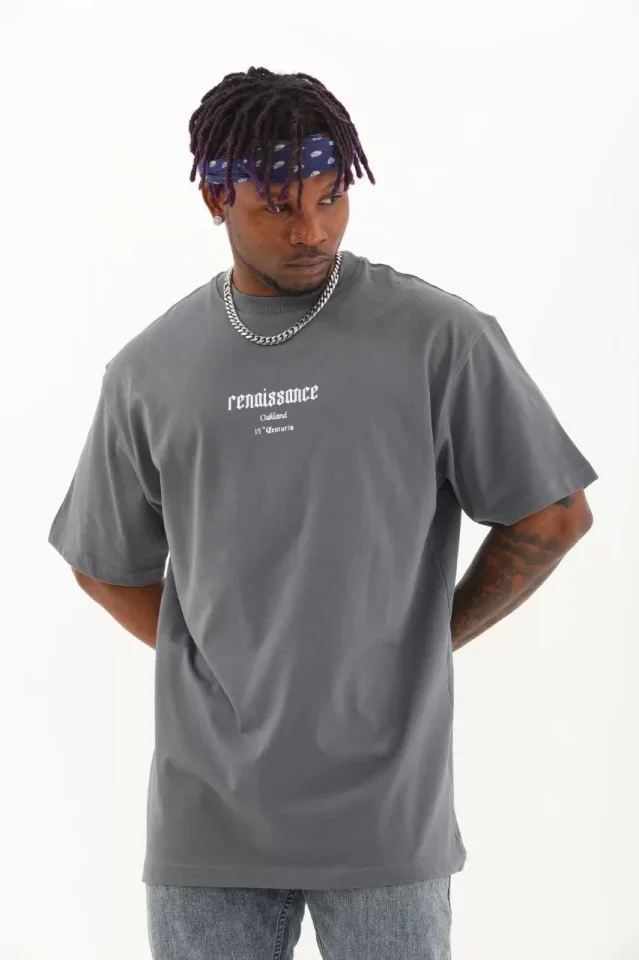 TY65d51fd613cca65d51fd613ccc Unisex Oversize Baskılı Bisiklet Yaka T-Shirt - Füme - Görsel 1