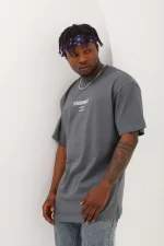 Unisex Oversize Baskılı Bisiklet Yaka T-Shirt - Füme - Görsel 2