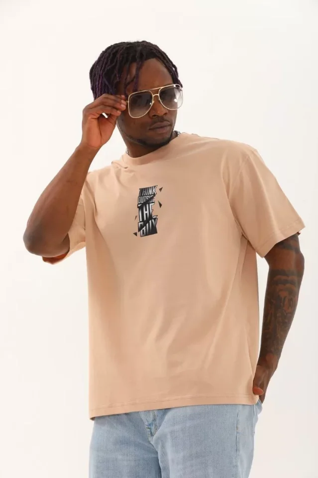 TY65d5c07104d7465d5c07104d76 Unisex Oversize Baskılı Bisiklet Yaka T-Shirt - Bej - Görsel 1