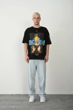 Unisex Baskılı Bisiklet Yaka Oversize T-Shirt - Siyah - Görsel 3