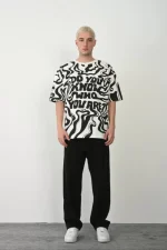 Unisex Baskılı Bisiklet Yaka Oversize T-Shirt - Beyaz - Görsel 2