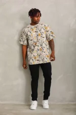 Unisex Oversize Baskılı Bisiklet Yaka T-Shirt - Gri - Görsel 3