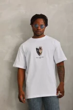 Unisex Oversize Baskılı Bisiklet Yaka T-Shirt - Beyaz - Görsel 3