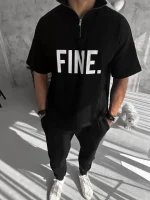 Unisex Baskılı Yarım Fermuarlı T-Shirt - Siyah - Görsel 2