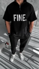 Unisex Baskılı Yarım Fermuarlı T-Shirt - Siyah - Görsel 3