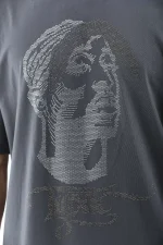 Unisex Oversize Taşlı Bisiklet Yaka T-Shirt - Füme - Görsel 3