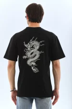 Unisex Oversize Baskılı Bisiklet Yaka T-Shirt - Siyah - Görsel 2