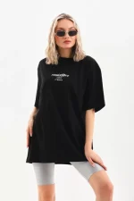 Unisex Baskılı Oversize T-Shirt - Siyah - Görsel 3