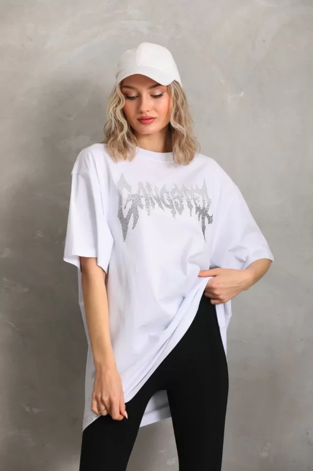 TY65ea2f80c6ca165ea2f80c6ca3 Unisex Taş Desenli Oversize T-Shirt - Beyaz - Görsel 1