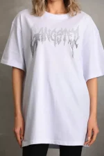 Unisex Taş Desenli Oversize T-Shirt - Beyaz - Görsel 2