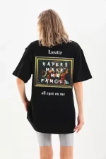 Unisex Baskılı Oversize T-Shirt - Siyah - Görsel 2
