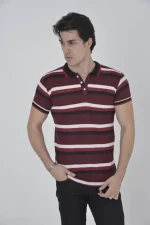 Erkek Yakalı Slim Fit Dokuma Çizgili T-Shirt - Bordo - Görsel 2