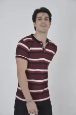 Erkek Yakalı Slim Fit Dokuma Çizgili T-Shirt - Bordo - Görsel 3