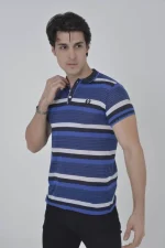 Erkek Yakalı Slim Fit Dokuma Çizgili T-Shirt - Mavi - Görsel 2