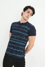Erkek Yakalı Slim Fit Pike Çizgili T-Shirt - Lacivert - Görsel 2