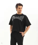Unisex Oversize Taşlı T-Shirt - Siyah - Görsel 3