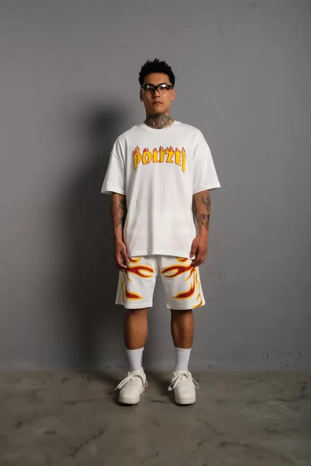 TY65fca4220622165fca42206224 Erkek Alev Baskılı İkili Şortlu Takım - Beyaz - Görsel 1