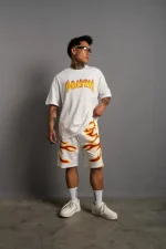 Erkek Alev Baskılı İkili Şortlu Takım - Beyaz - Görsel 3