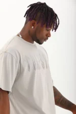 Unisex Oversize Taşlı Bisiklet Yaka T-Shirt - Gri - Görsel 2