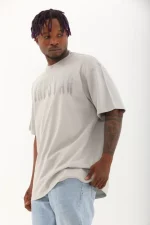 Unisex Oversize Taşlı Bisiklet Yaka T-Shirt - Gri - Görsel 3