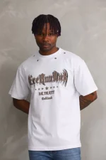 Unisex Kuşgözü Detaylı Baskılı Oversize T-Shirt - Beyaz - Görsel 2