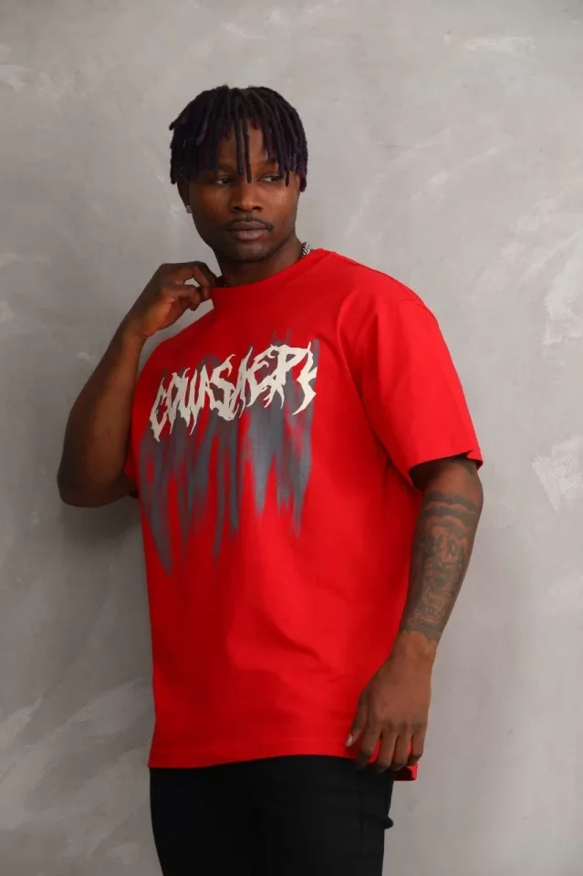 TY65fca4b0cc39a65fca4b0cc39d Unisex Baskılı Oversize T-Shirt - Kırmızı - Görsel 1