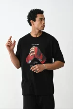 Unisex Baskılı Oversize T-Shirt - Siyah - Görsel 2