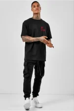 Unisex Bisiklet Yaka Oversize Baskılı T-Shirt - Siyah - Görsel 2