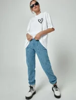 Bisiklet Yaka Baskılı Oversize T-Shirt - Beyaz - Görsel 3