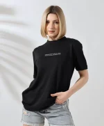 Unisex Bisiklet Yaka Baskılı Slim Fit T-Shirt - Siyah - Görsel 2