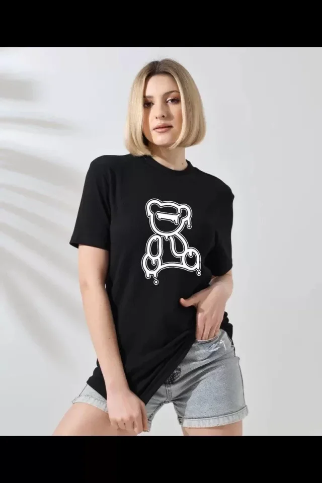 TY661f9478a9cbd661f9478a9cbe Unisex Bisiklet Yaka Baskılı T-Shirt - Siyah - Görsel 1