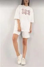 Unisex Nakış İşlemeli Şort Takım - Beyaz - Görsel 2