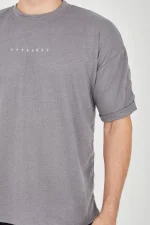 Unisex Jakar Kumaş Rahat Kol T-Shirt - Gri - Görsel 2