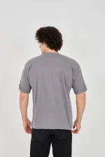 Unisex Jakar Kumaş Rahat Kol T-Shirt - Gri - Görsel 3