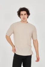 Unisex Waffle Kumaş Rahat Kol T-Shirt - Bej - Görsel 2
