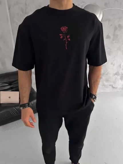 Unisex Bisiklet Yaka Baskılı Oversize T-Shirt - Siyah