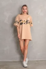 Unisex Bisiklet Yaka Baskılı Oversize T-Shirt - Bej - Görsel 3