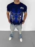 Unisex Bisiklet Yaka Baskılı Oversize T-Shirt - Lacivert - Görsel 2